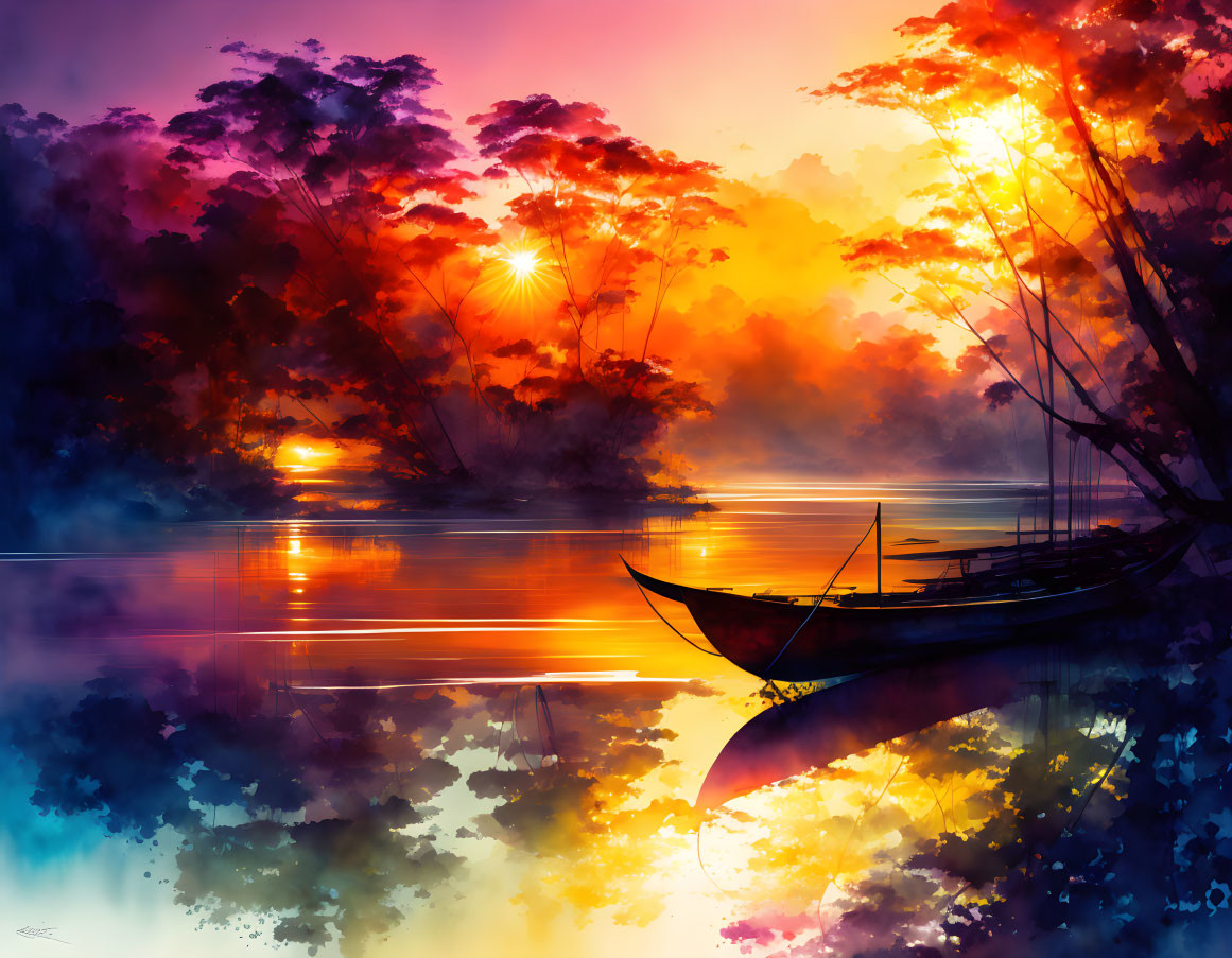 Serene lake sunset painting with reflections, silhouetted trees, boat, and colorful sky