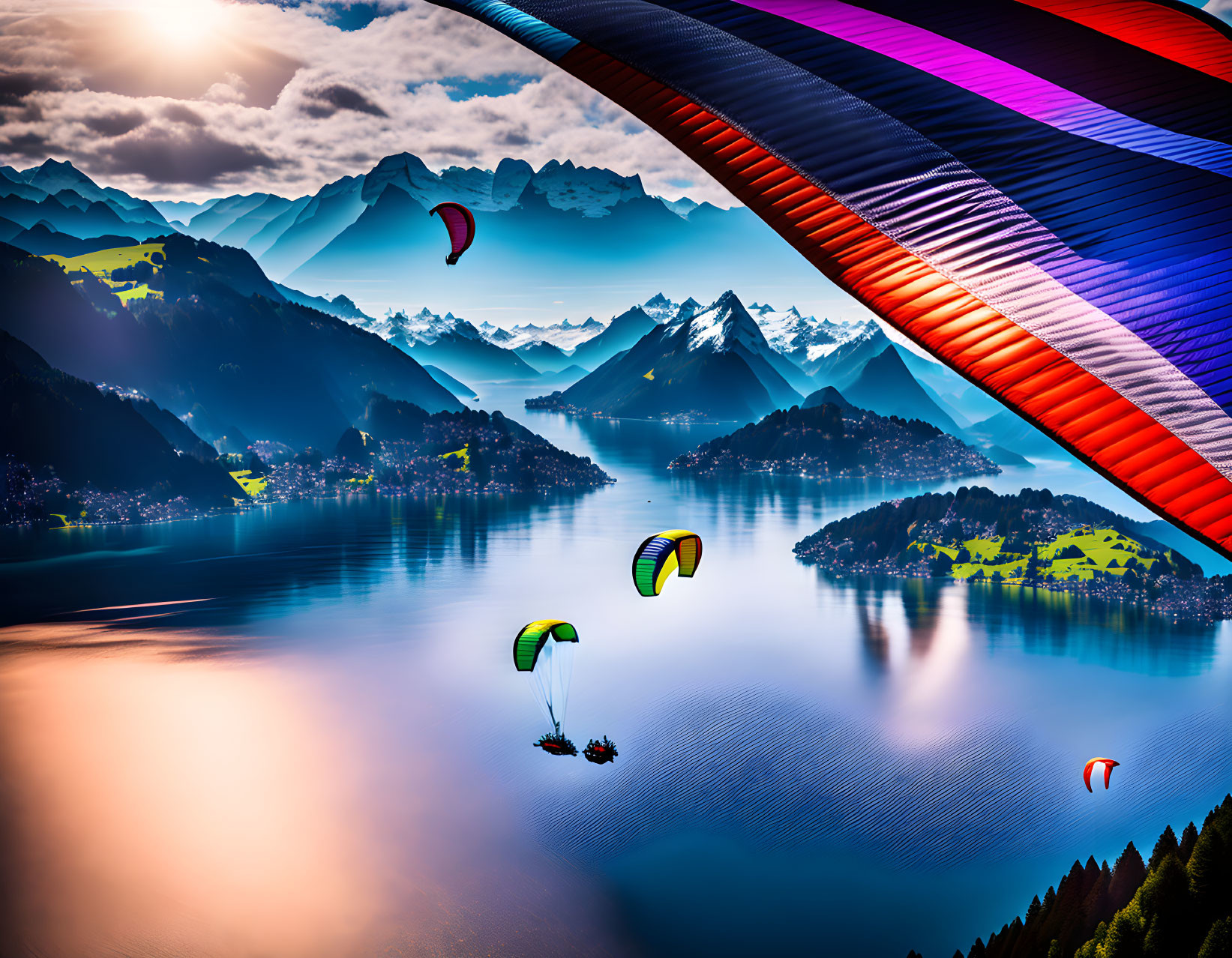 Paragliders Over Mountain Lake in Vibrant Sunlight