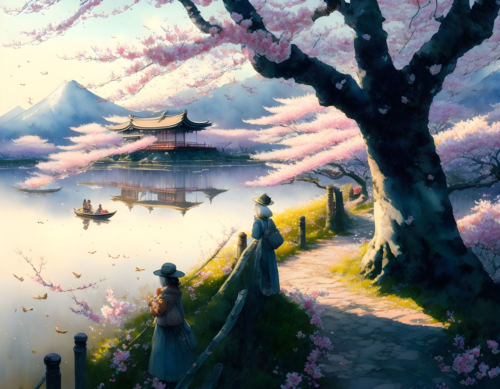 Tranquil lakeside path with cherry blossoms, boat, and distant pagoda