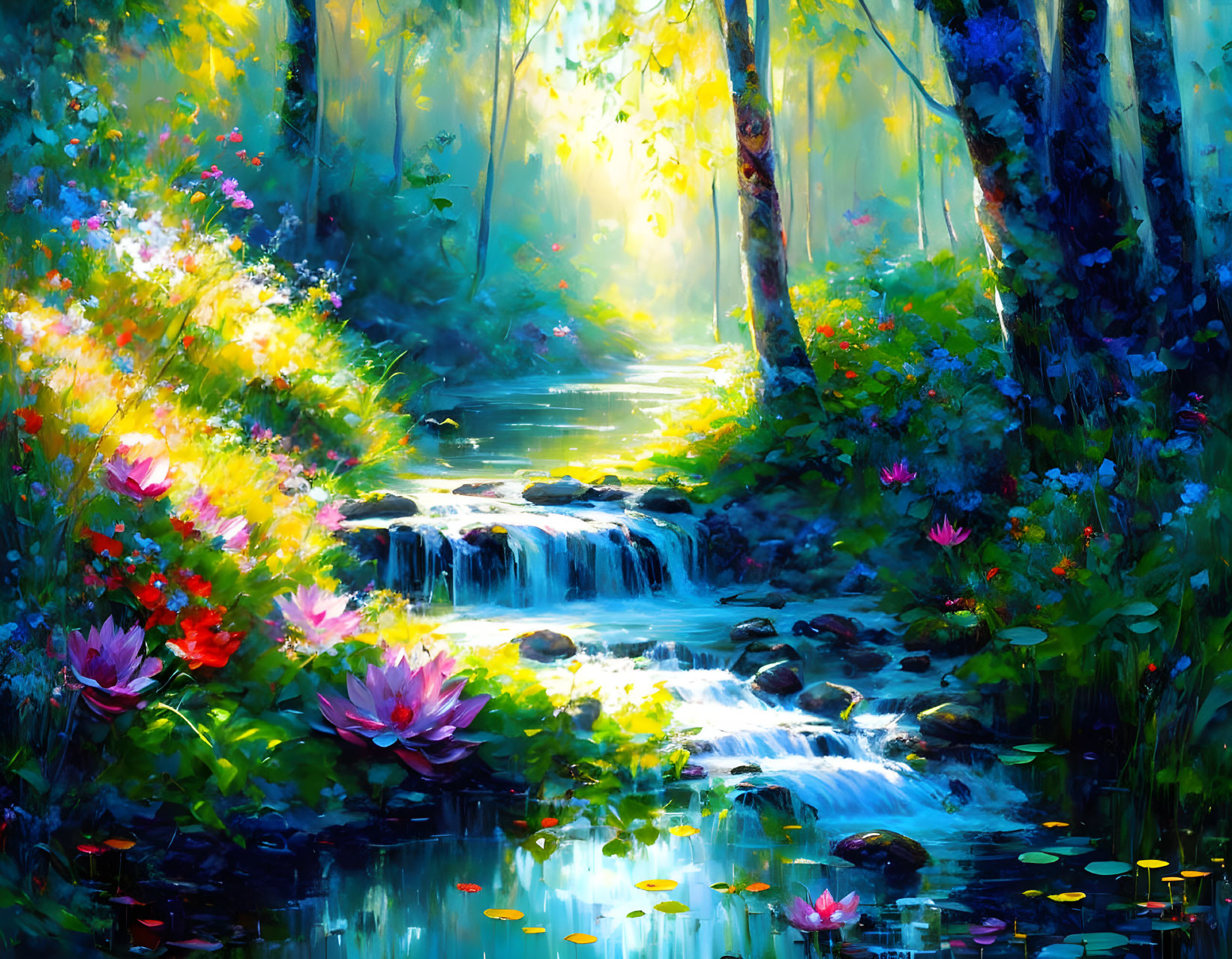 Sunlit forest painting with cascading stream and colorful flowers