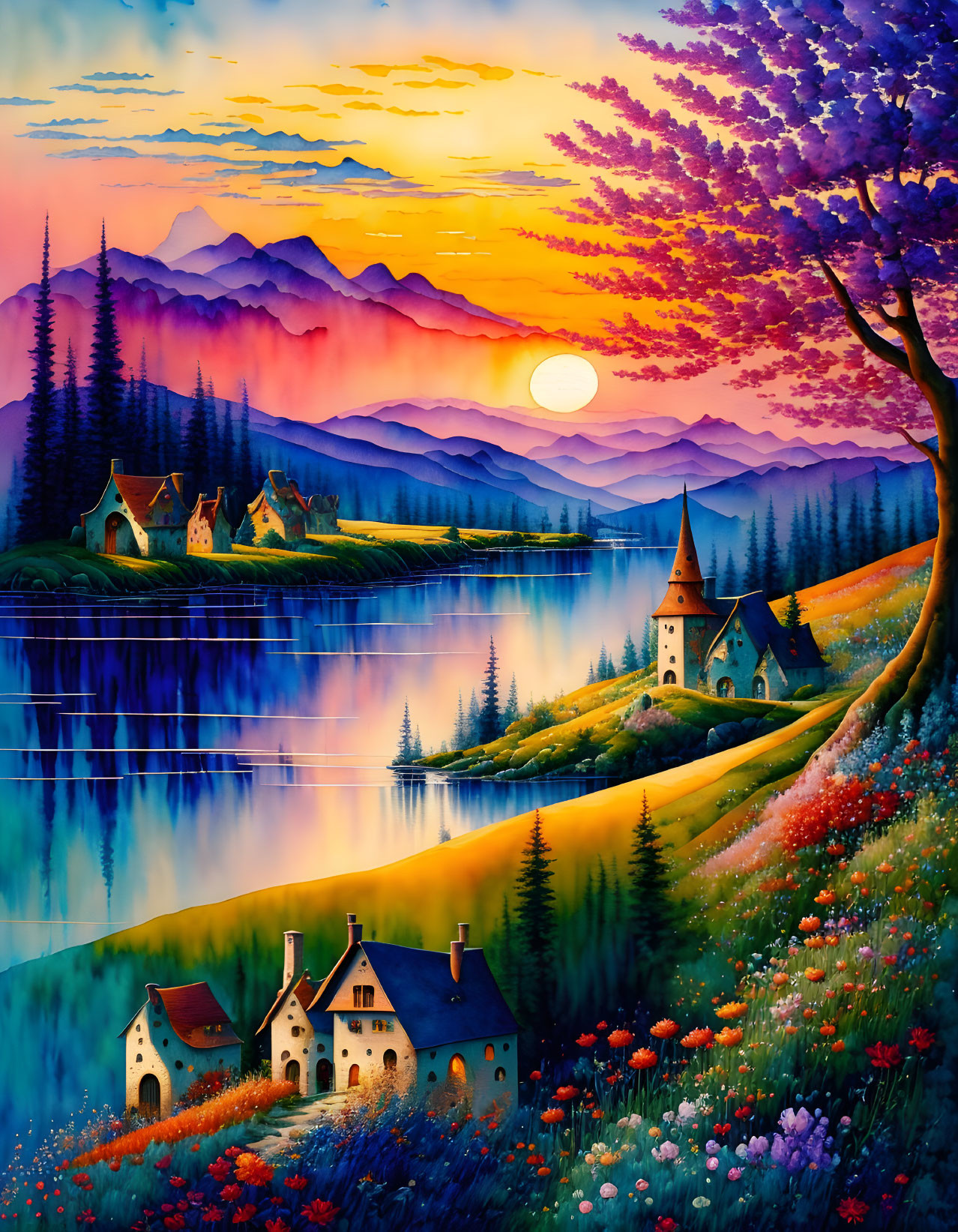 Colorful Sunset Landscape Painting with Mountain Lake and Village Scenery