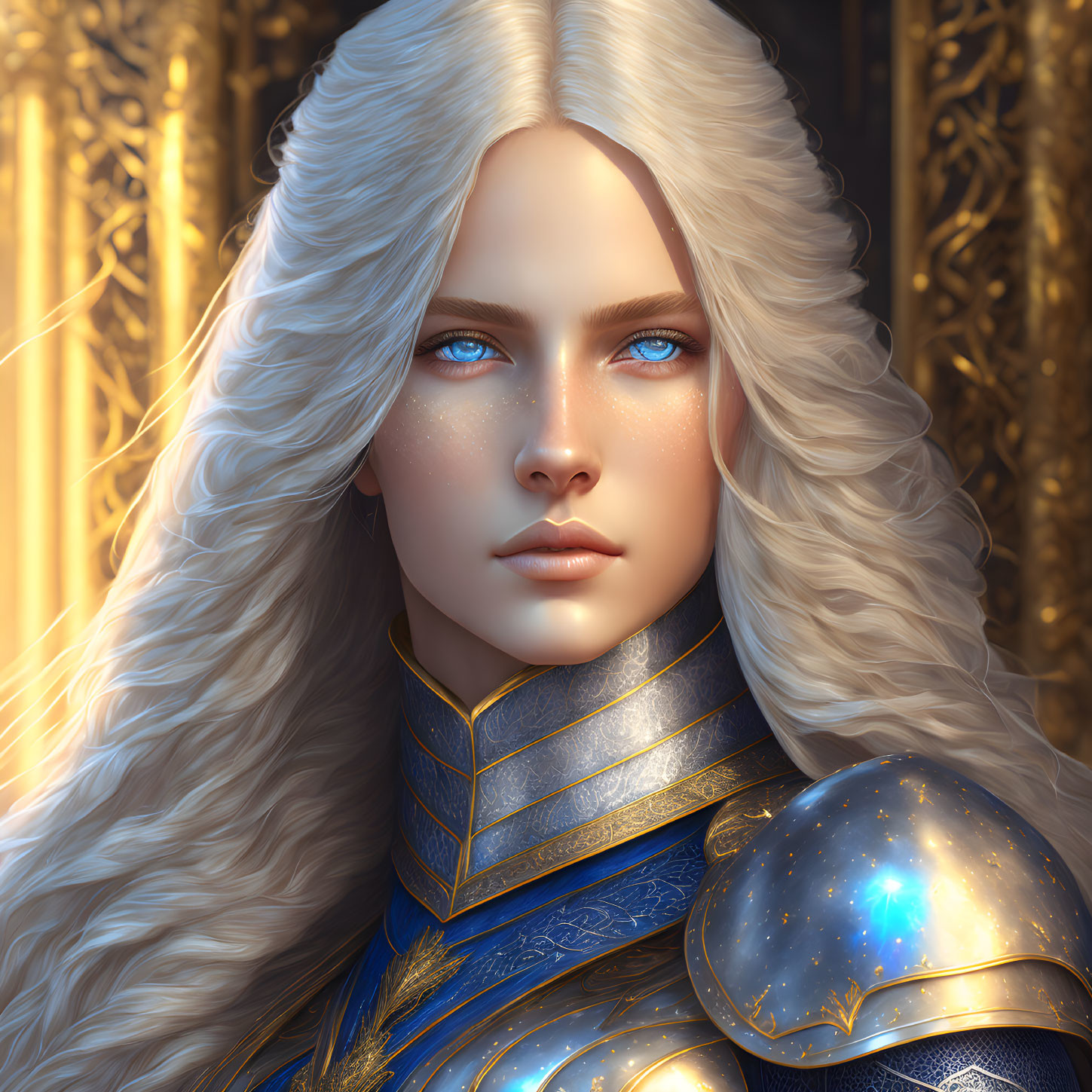 Digital portrait of a character with white hair, blue eyes, and blue-gold armor