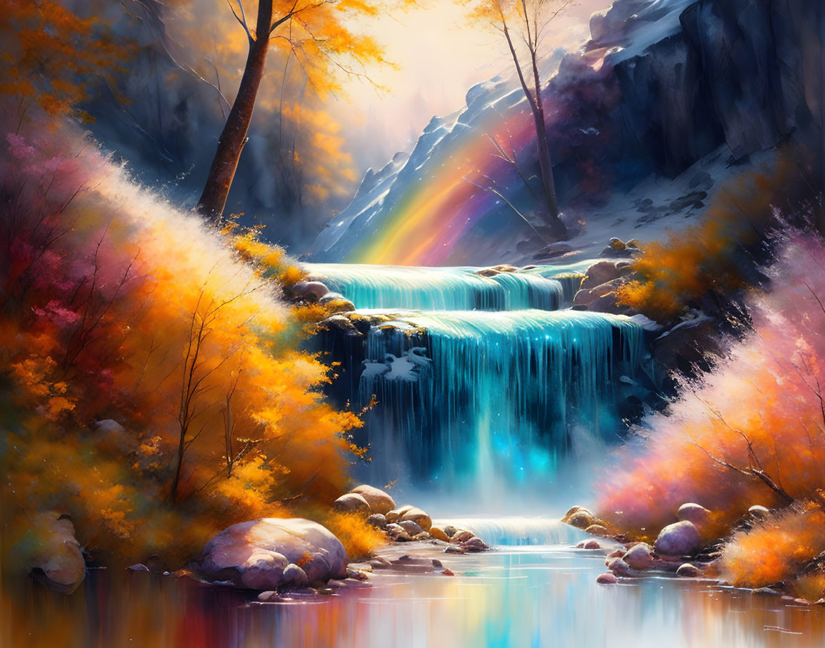 Digital artwork: Cascading waterfall, autumn trees, reflections, rainbow