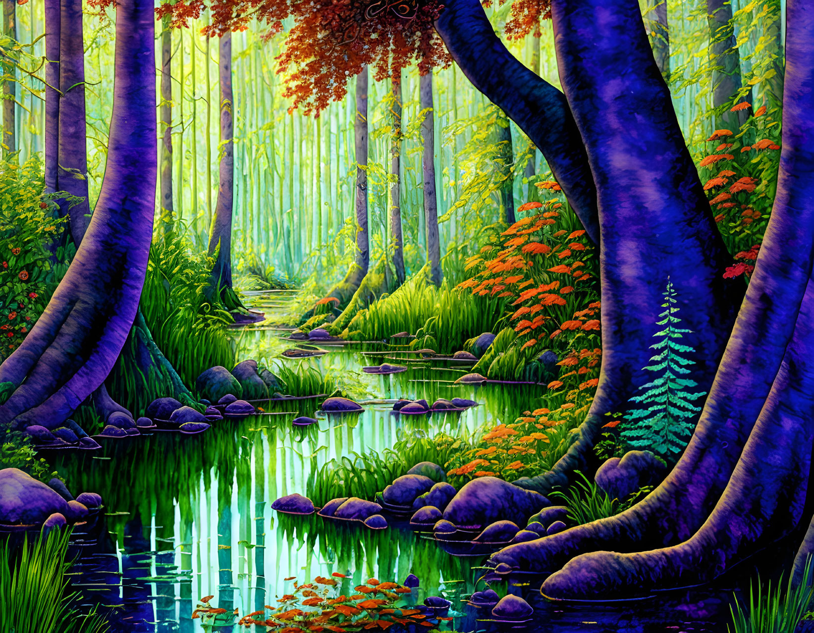Colorful Forest with Blue and Purple Trees, Serene Stream, and Stone Path