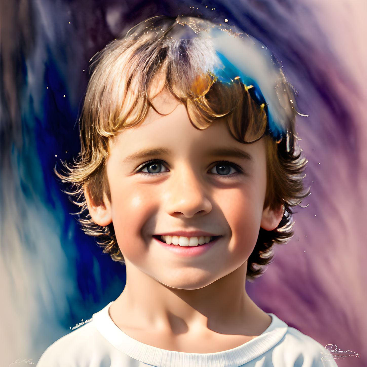 Joyful curly-haired child in white top against colorful background