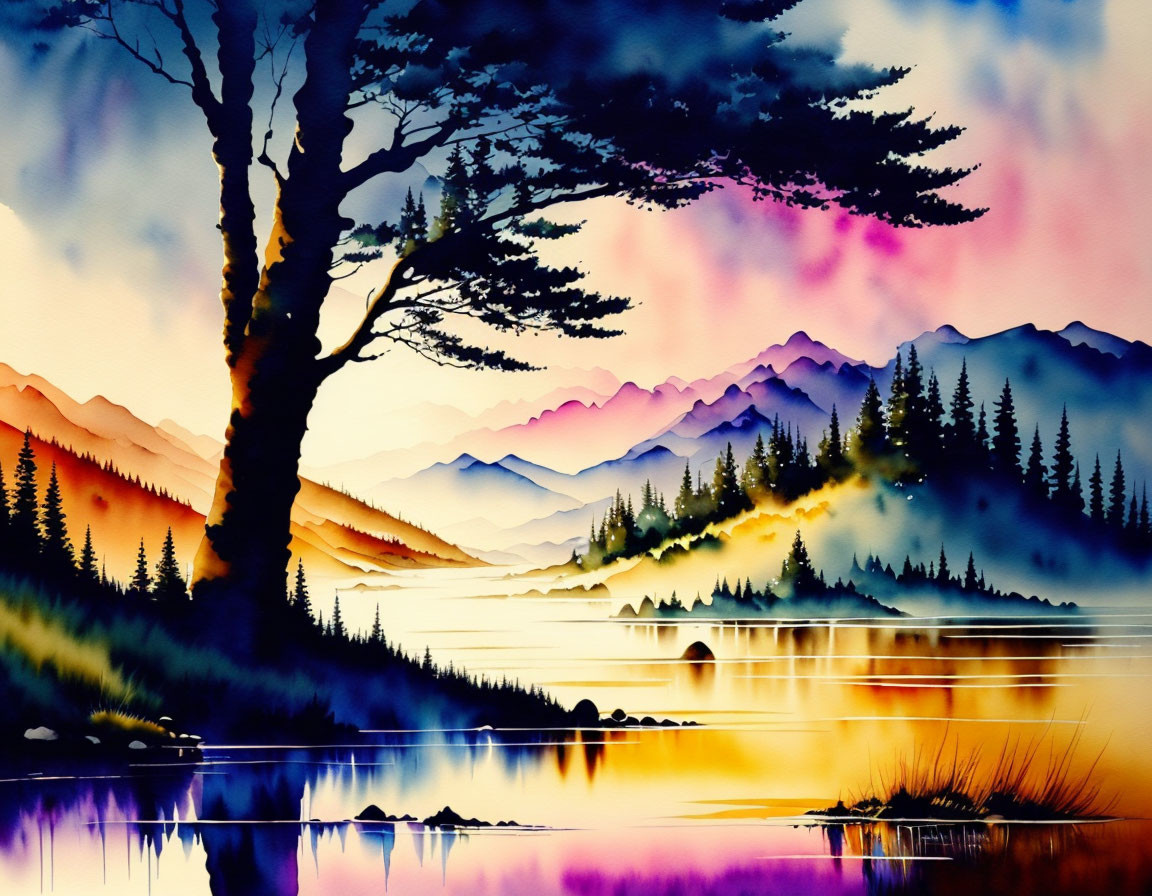 Vibrant watercolor landscape: serene lake, silhouetted trees, layered mountains, vivid