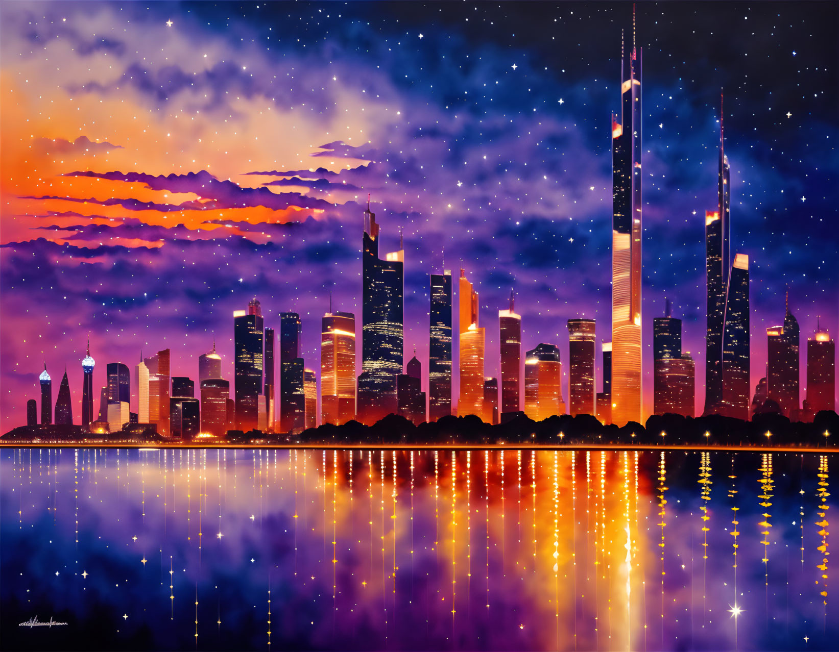 Colorful city skyline digital art at dusk with starry sky and water reflections