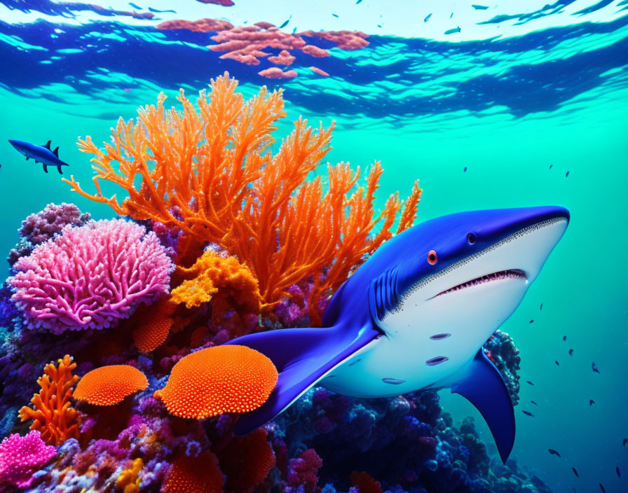 Colorful Coral Reefs with Blue Shark in Vibrant Underwater Scene