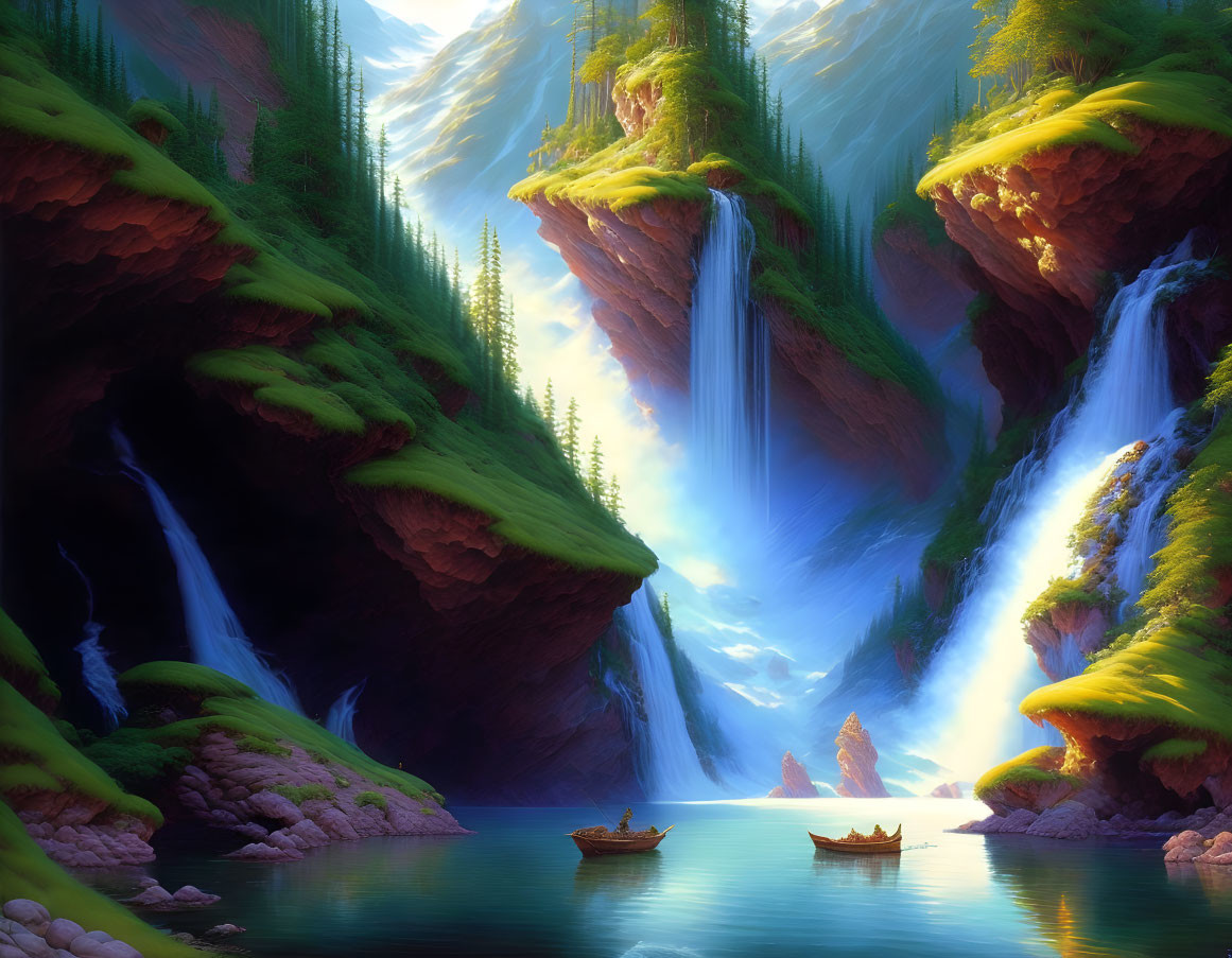 Tranquil landscape with lake, waterfalls, greenery, cliffs, boats