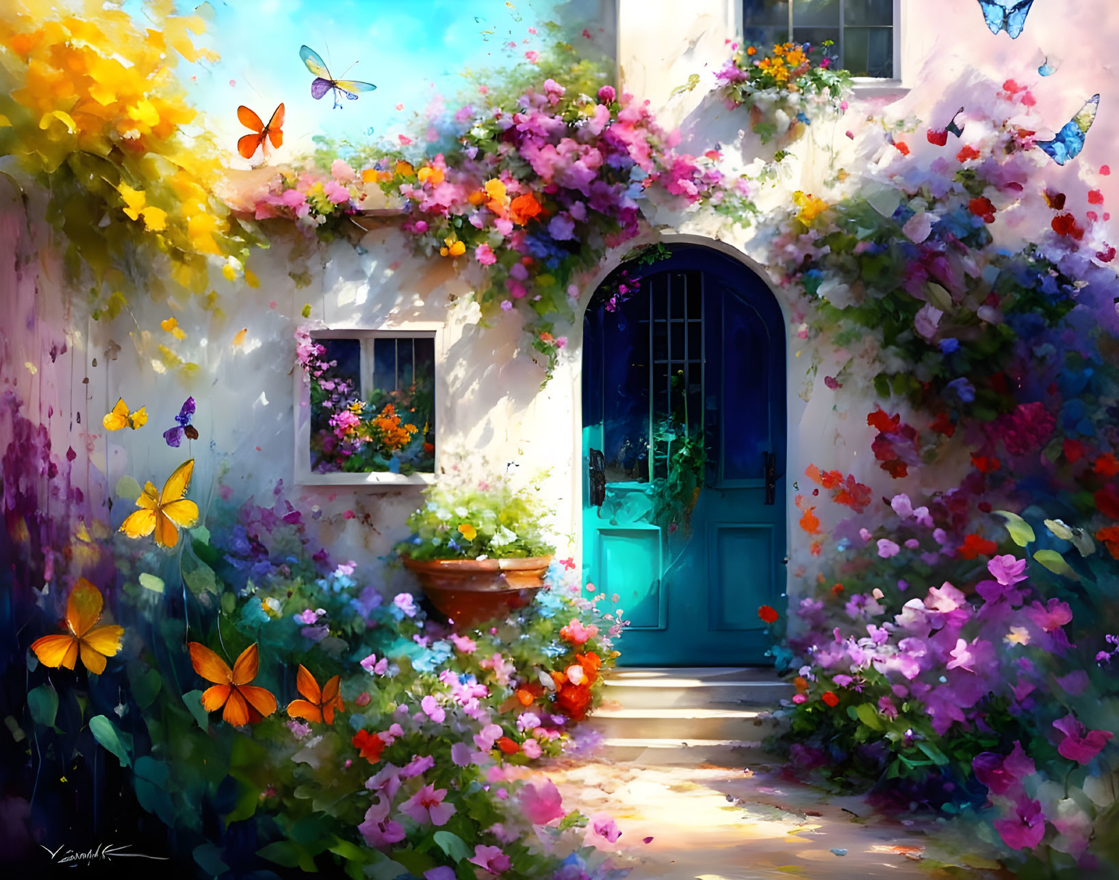 Colorful painting of charming doorway with flowers and butterflies in sunlight