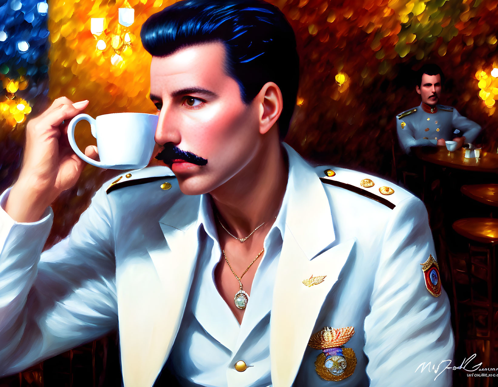 Portrait of man with mustache in military uniform holding teacup, colorful bokeh background.