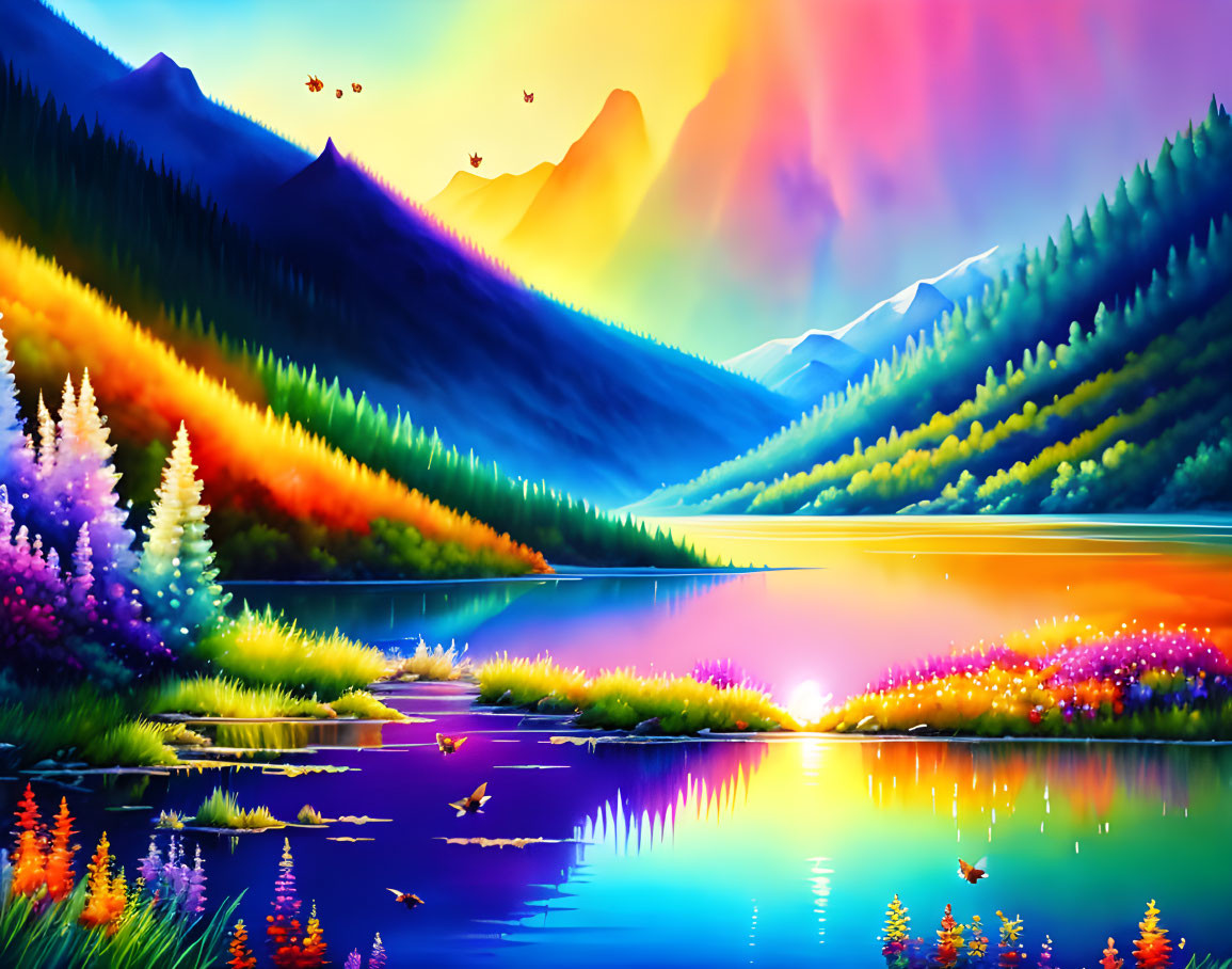 Colorful Surreal Landscape with Reflective Lake & Mountains