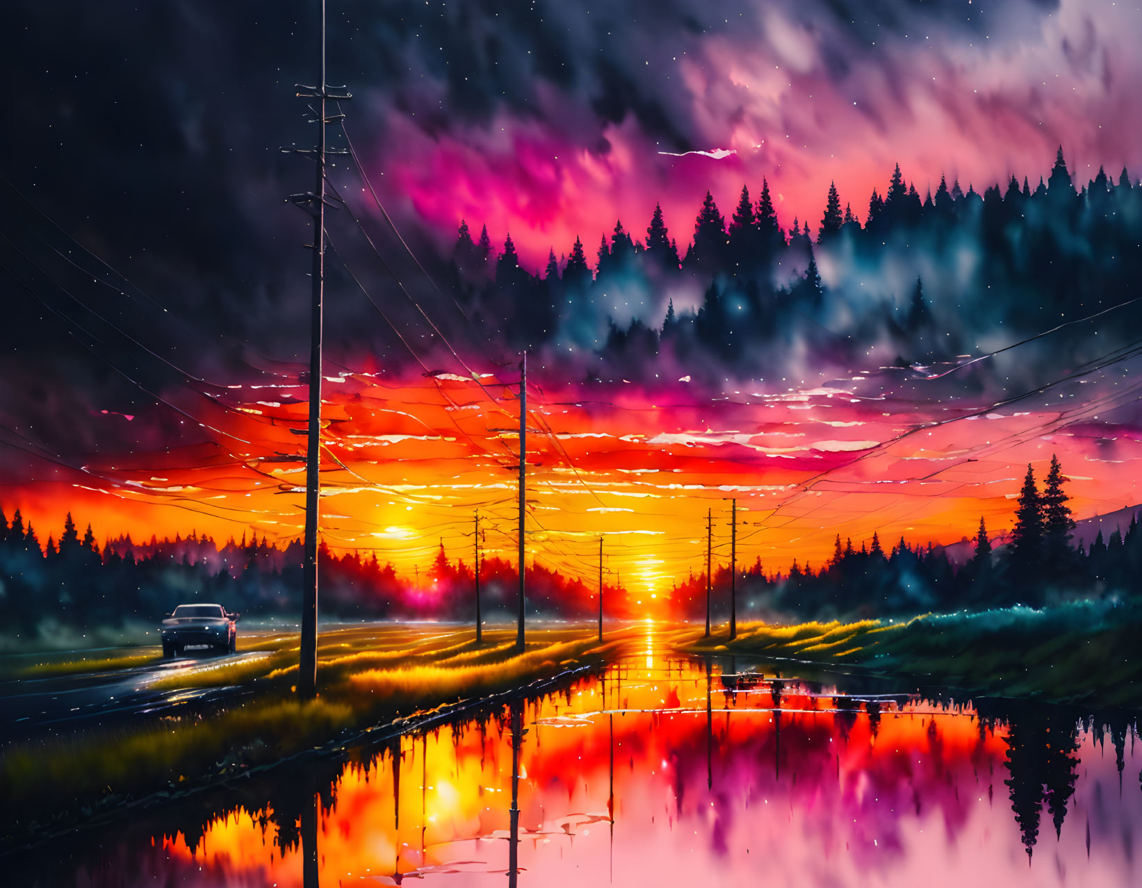 Scenic purple-pink sunset reflected in puddles with car headlights and power lines