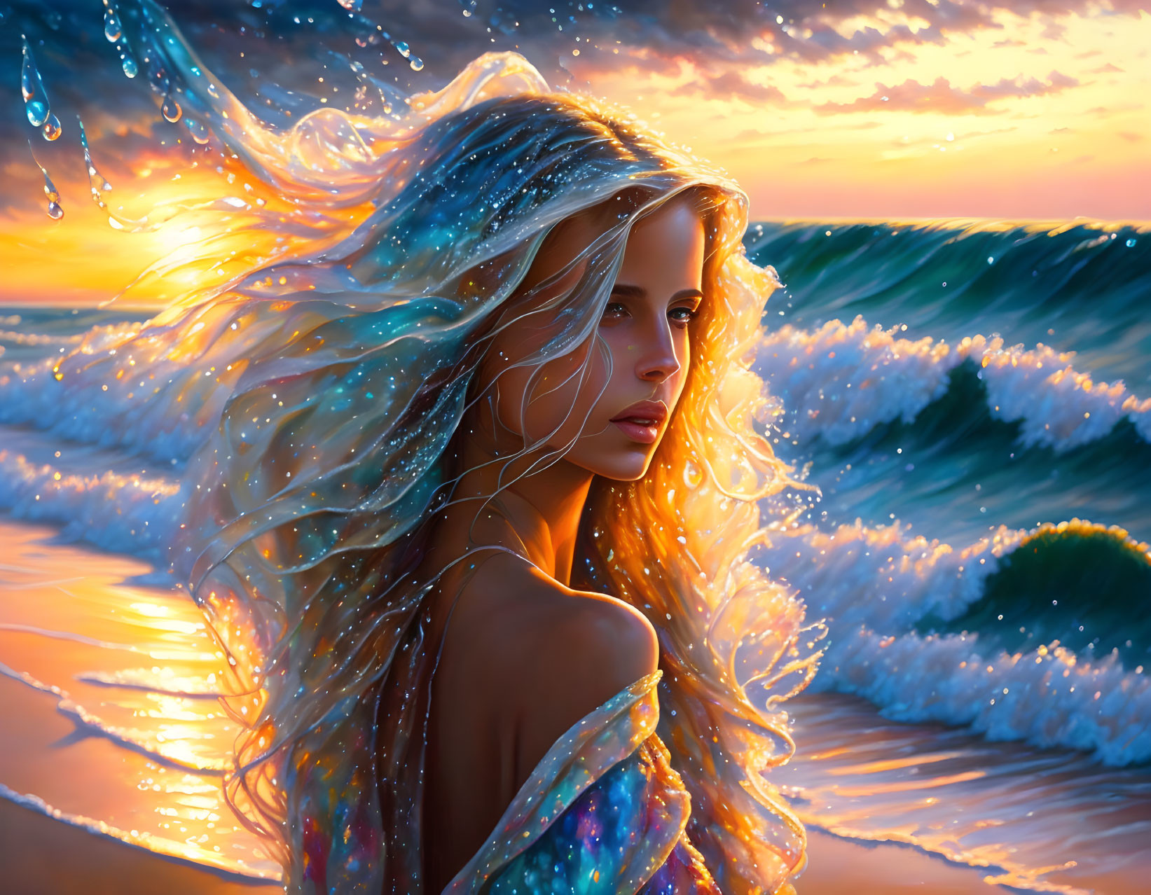 Digital illustration: Woman with flowing hair at beach sunset