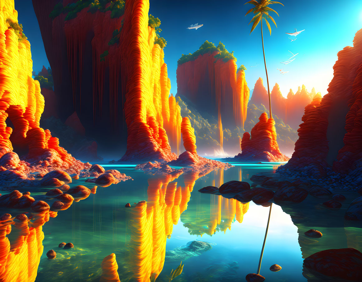 Vibrant digital art: orange cliffs, blue water, palm trees, birds, clear sky