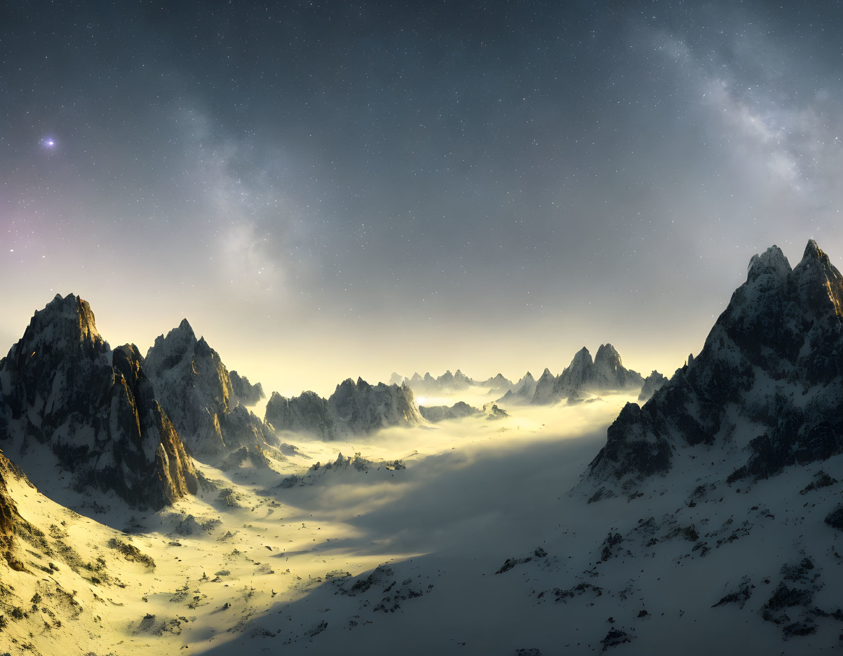 Snow-covered mountainous landscape under starry night sky