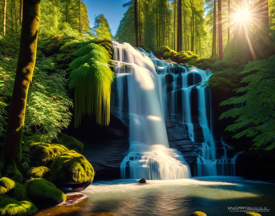 Tranquil forest waterfall with sunlight filtering through tall trees