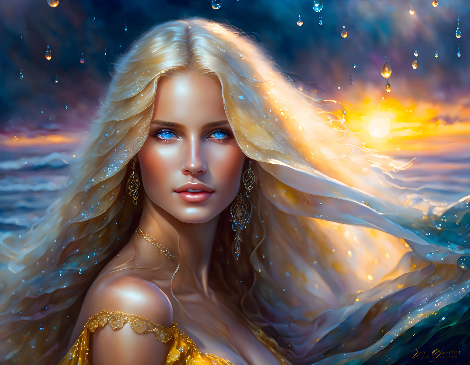 Blonde woman digital art in sunset ocean setting