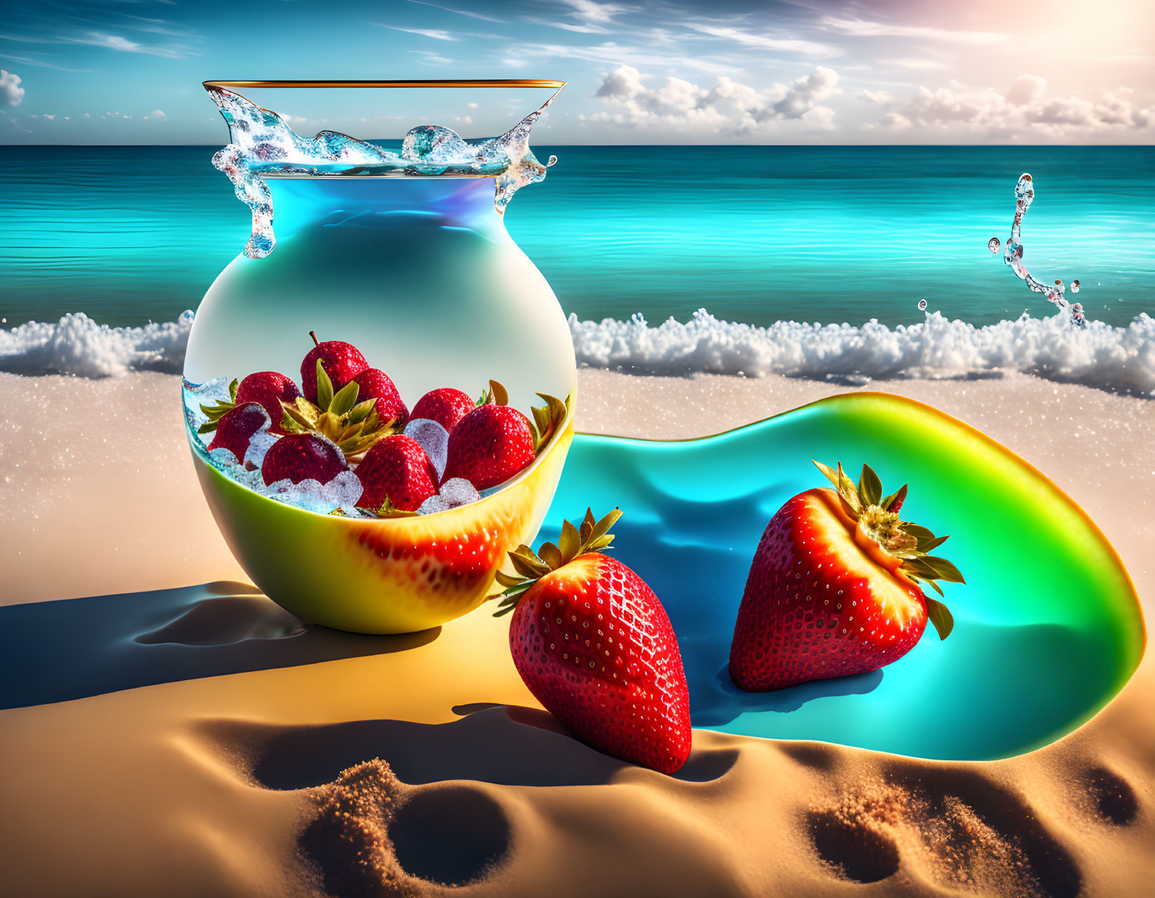 Surreal image of transparent fishbowl with strawberries on beach