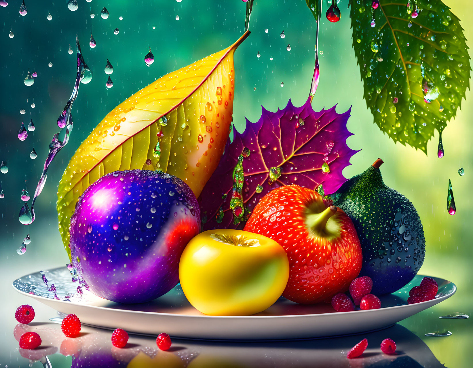 Colorful still life of water-droplet-covered fruit and leaves on plate with rain droplets.