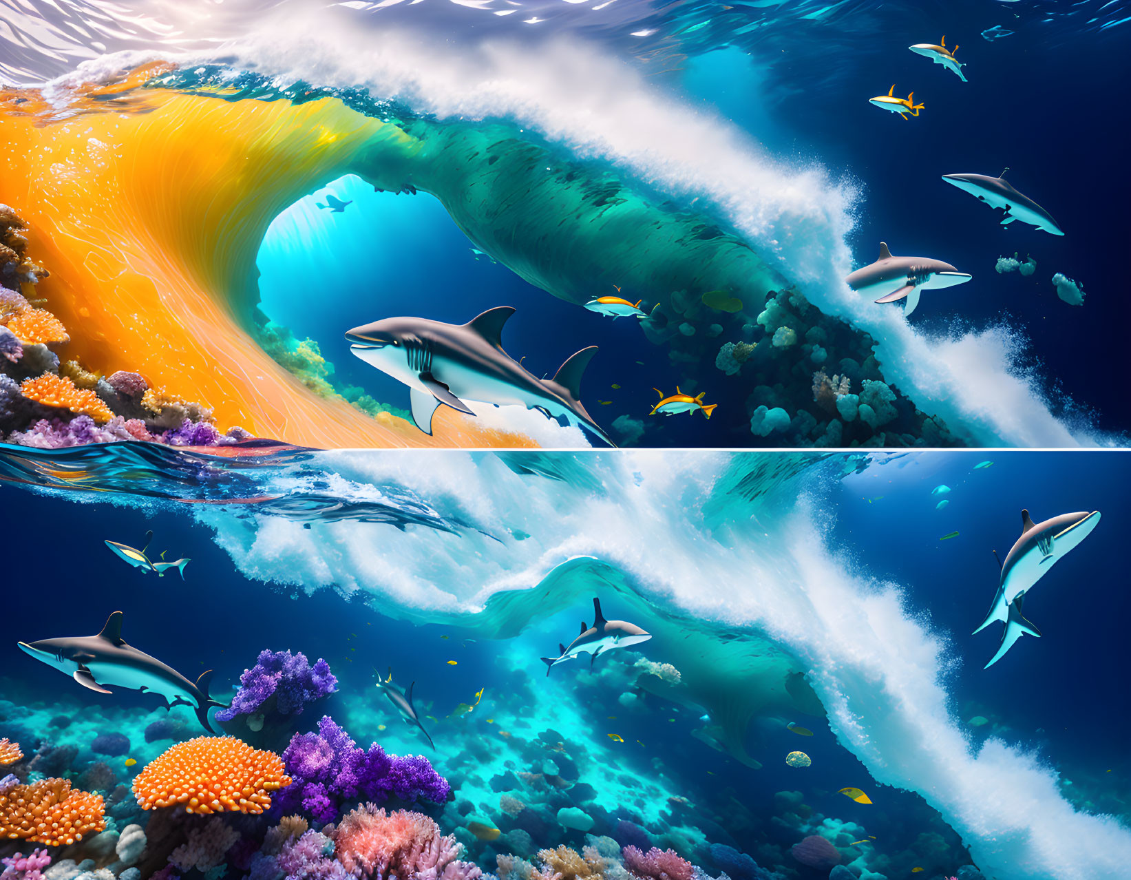 Vibrant Dolphin Scenes: Daytime and Twilight near Coral Reefs