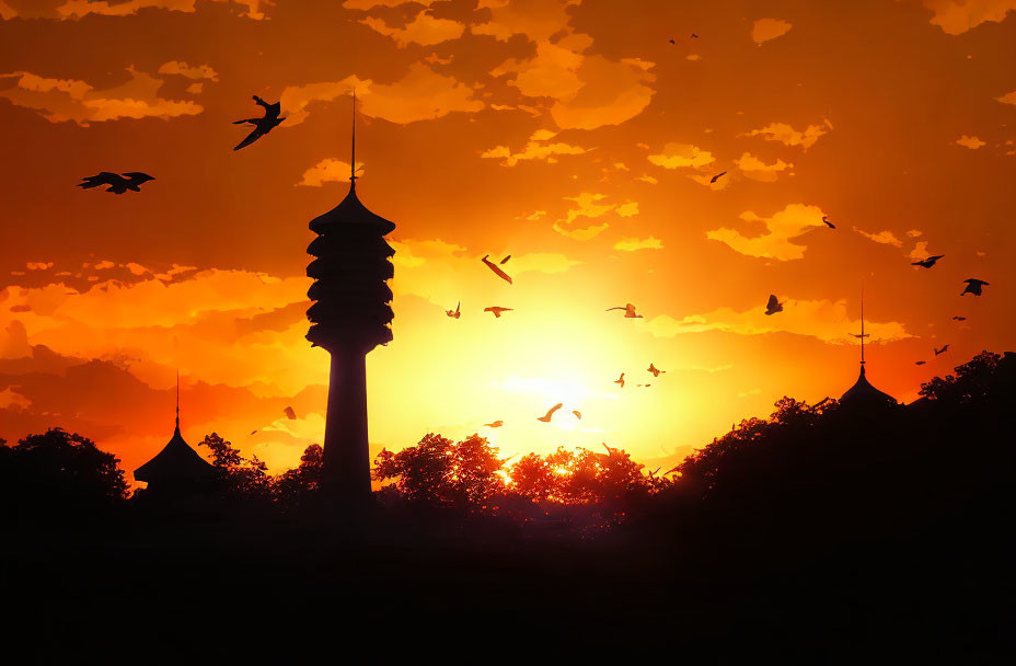 Birds in Silhouette Flying around Tower at Vibrant Sunset