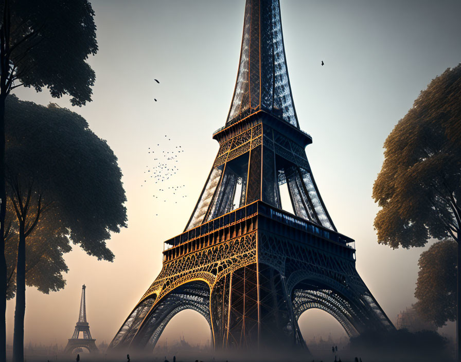 Iconic Eiffel Tower at sunrise with silhouettes of trees and birds.