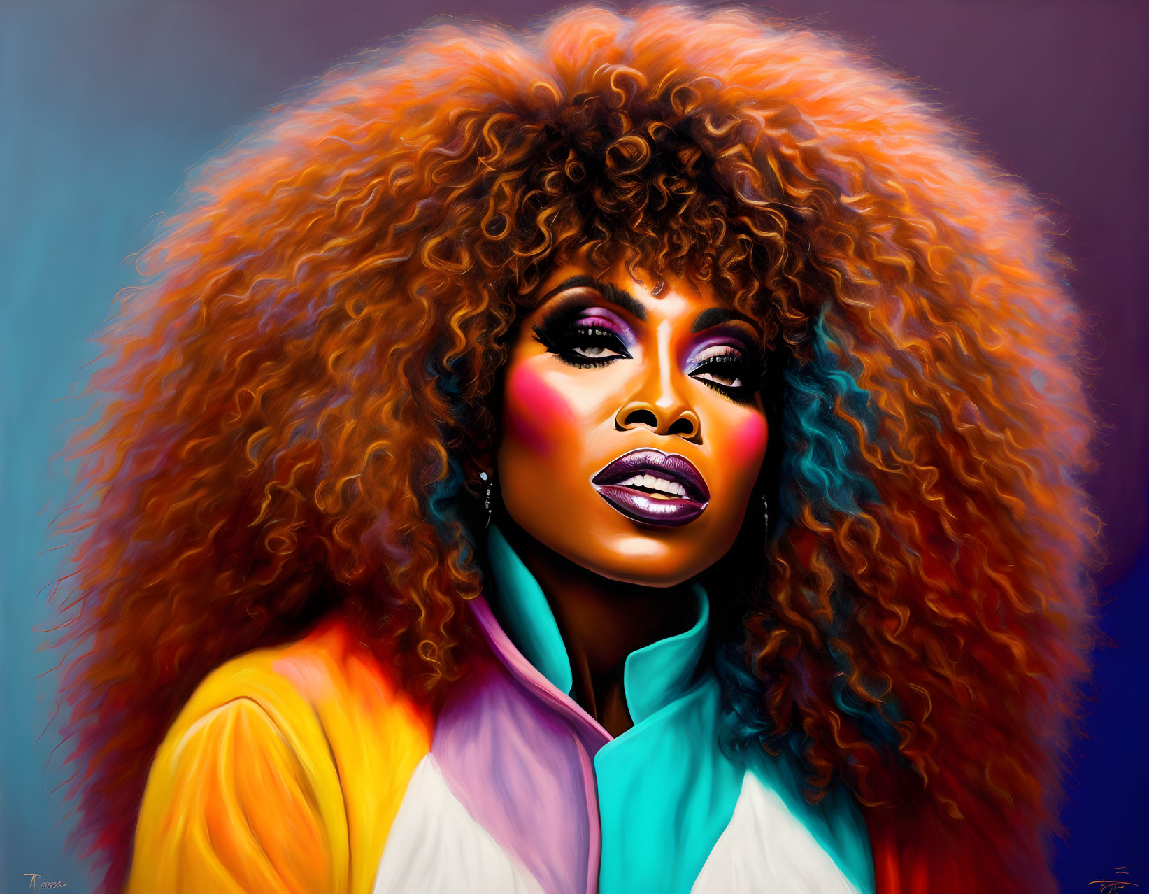 Vibrant digital portrait of a woman with curly hair and colorful makeup