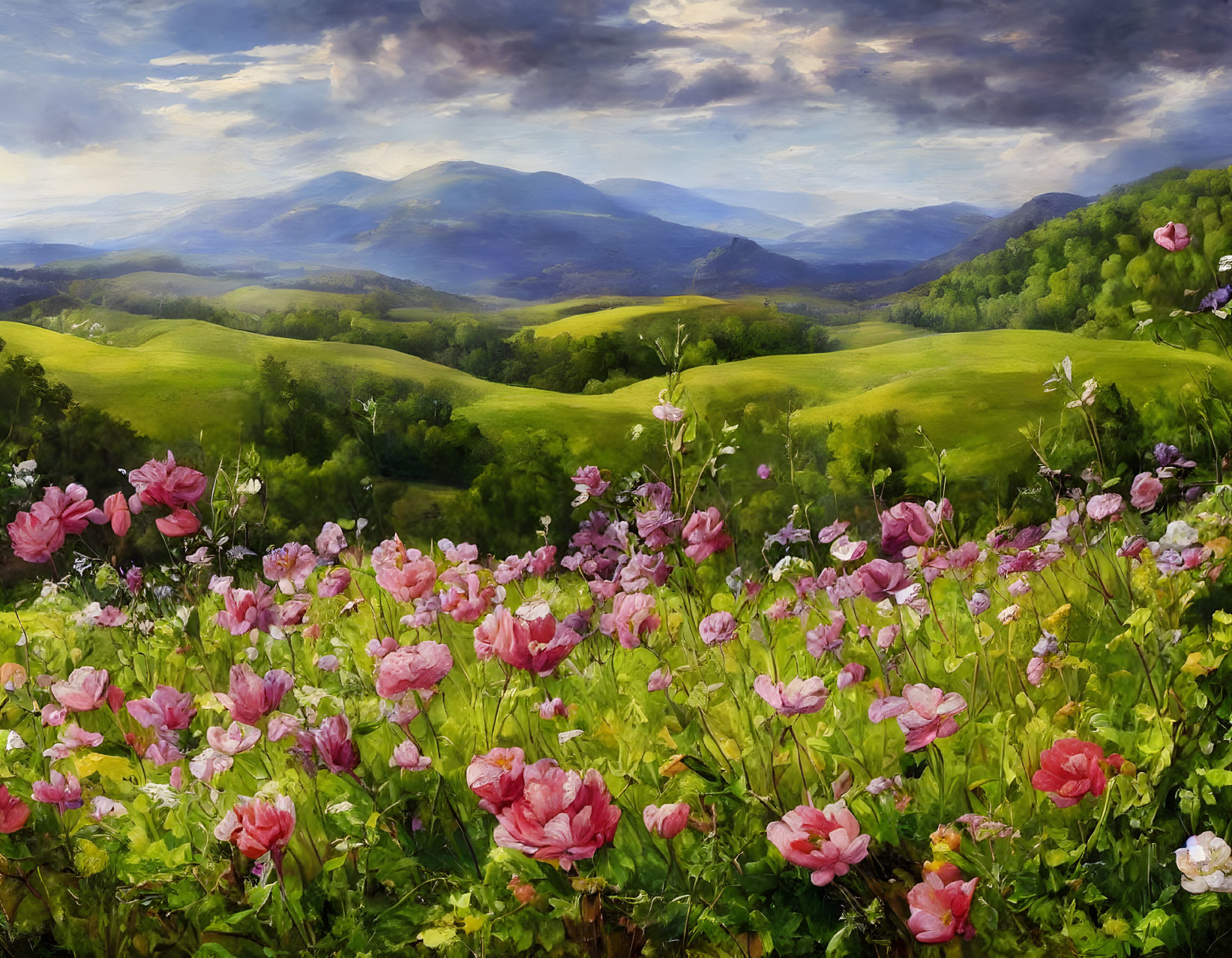 Scenic green hills with pink flowers under dramatic sky