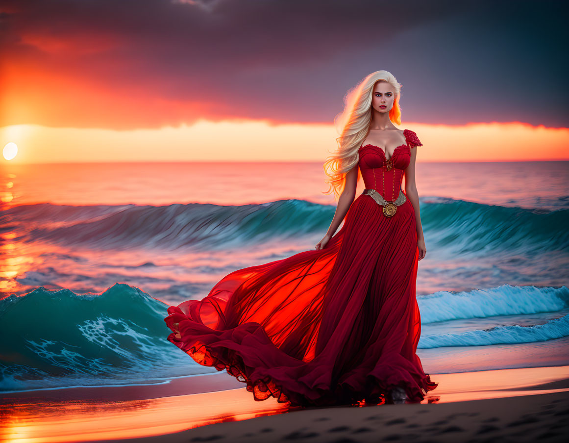 Woman in red gown on beach at sunset with waves