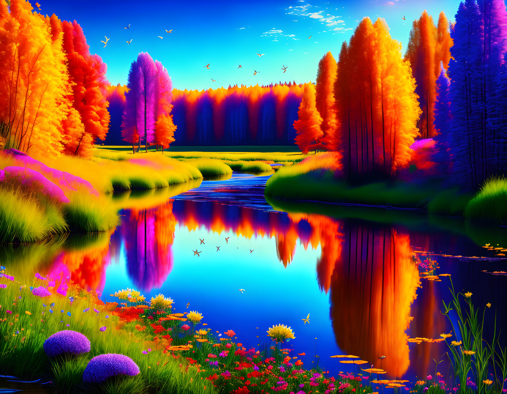 Colorful Autumn Landscape with Reflective River and Flying Birds