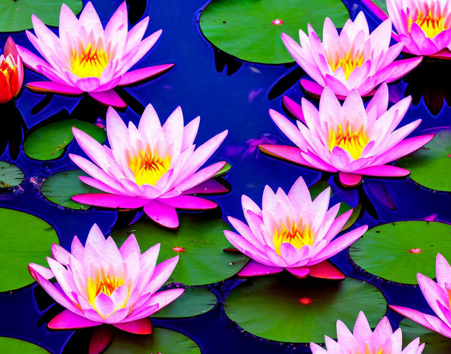 Pink water lilies and green lily pads in serene water scene