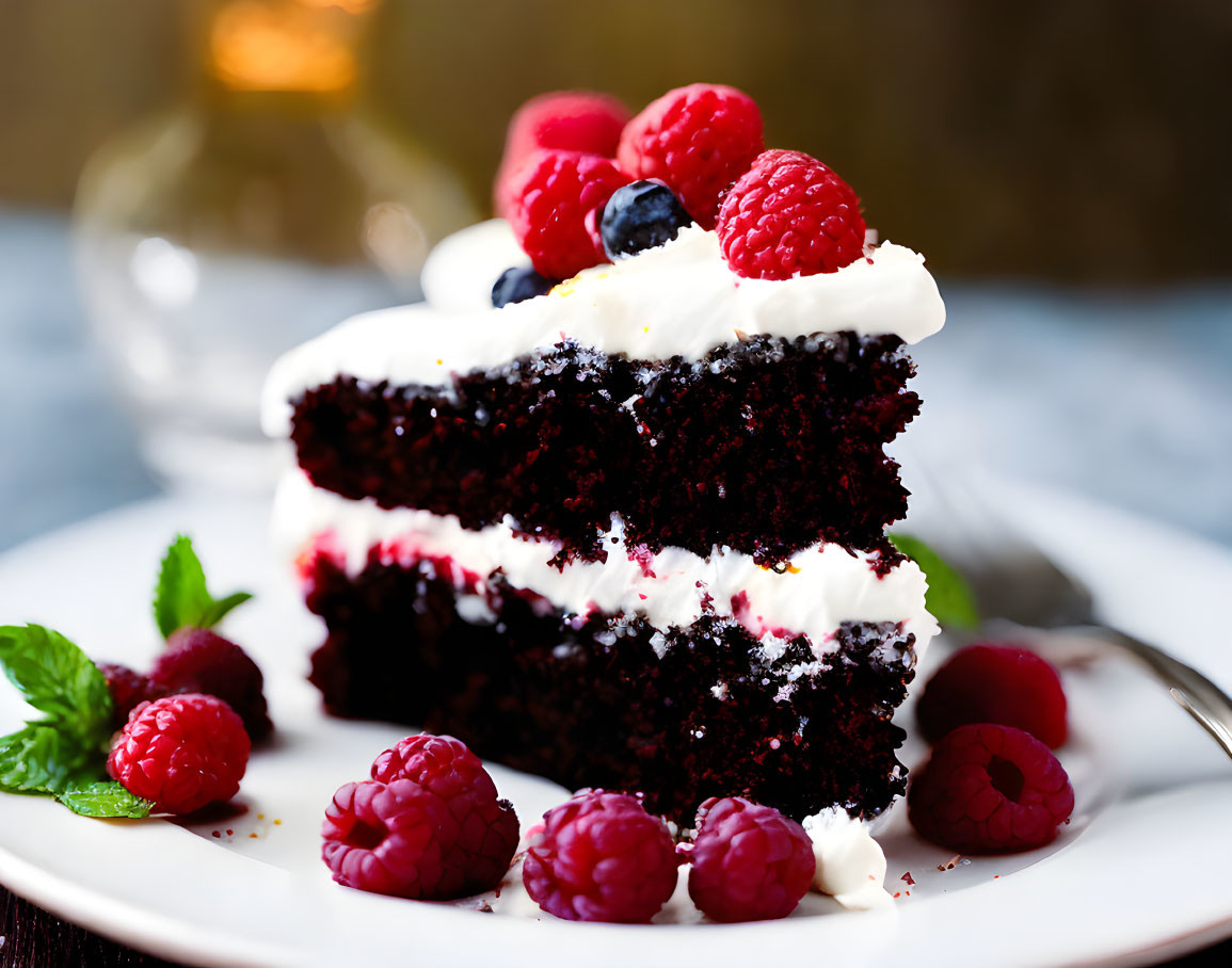 Decadent chocolate cake with white frosting and berries on white plate