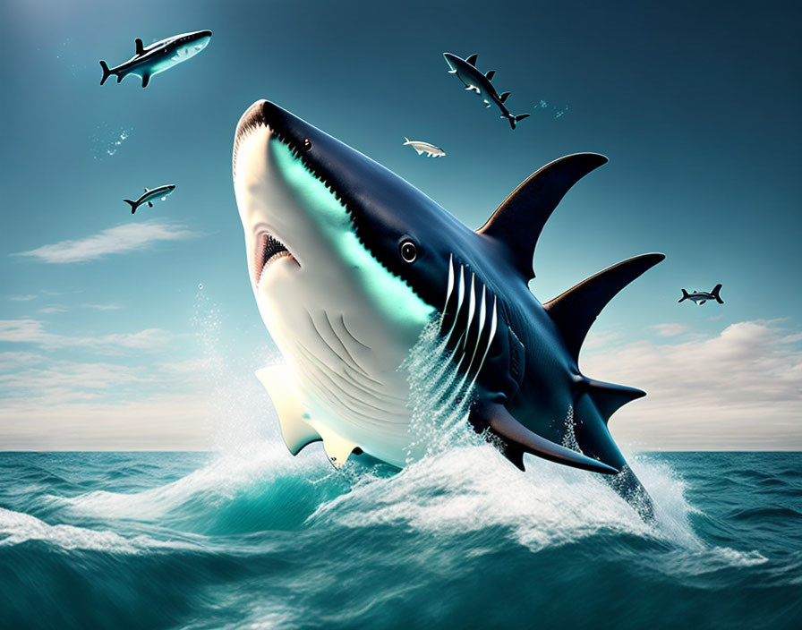 Surreal image of large shark leaping from ocean with flying planes