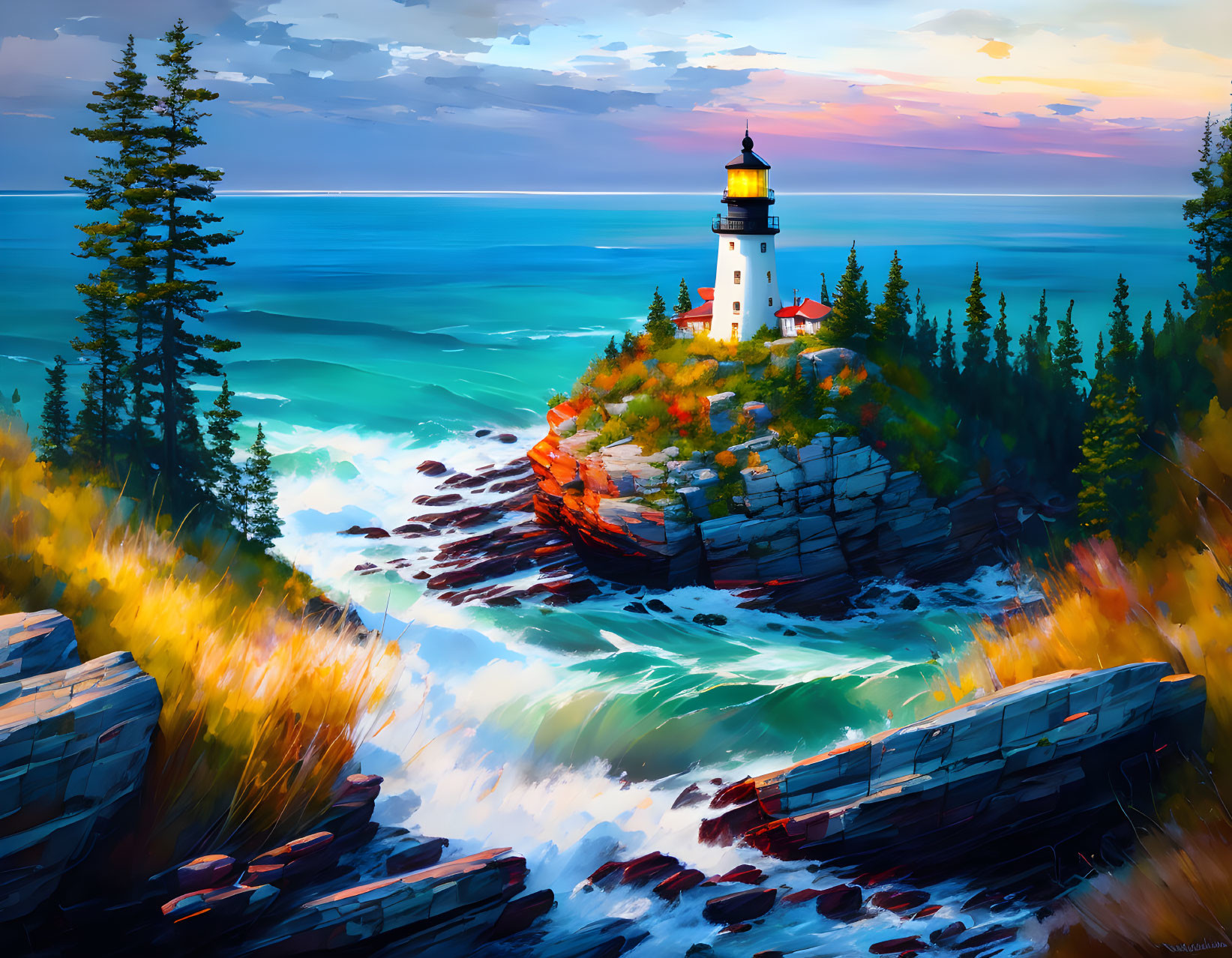 Lighthouse painting on cliff with lush greenery by turbulent sea waves