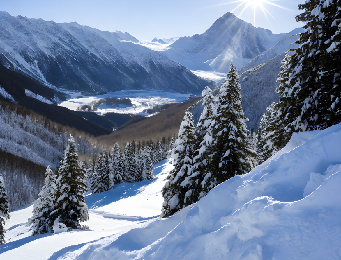 Snowy Mountain Landscape with Sunrays and River Valley