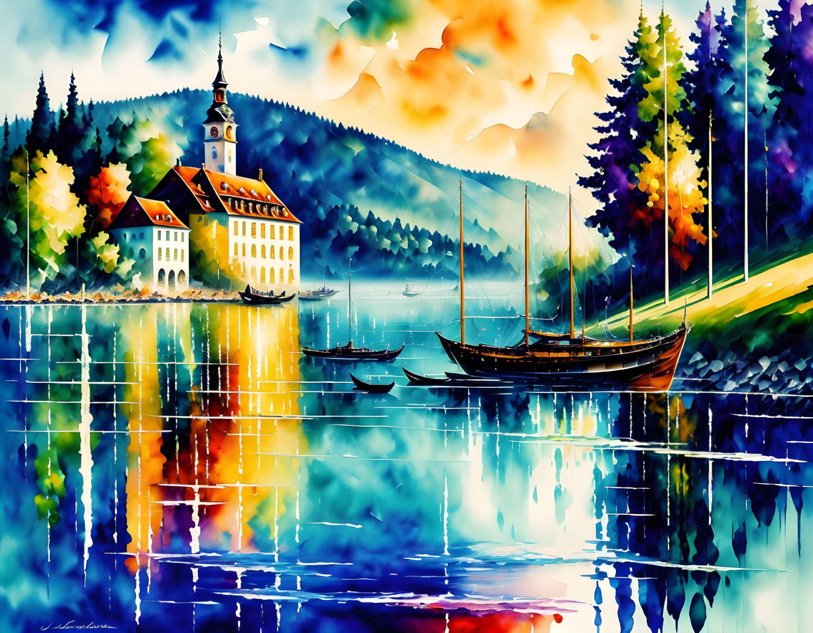 Vibrant lakeside painting with autumn trees, reflecting buildings, church, boats, and colorful sky