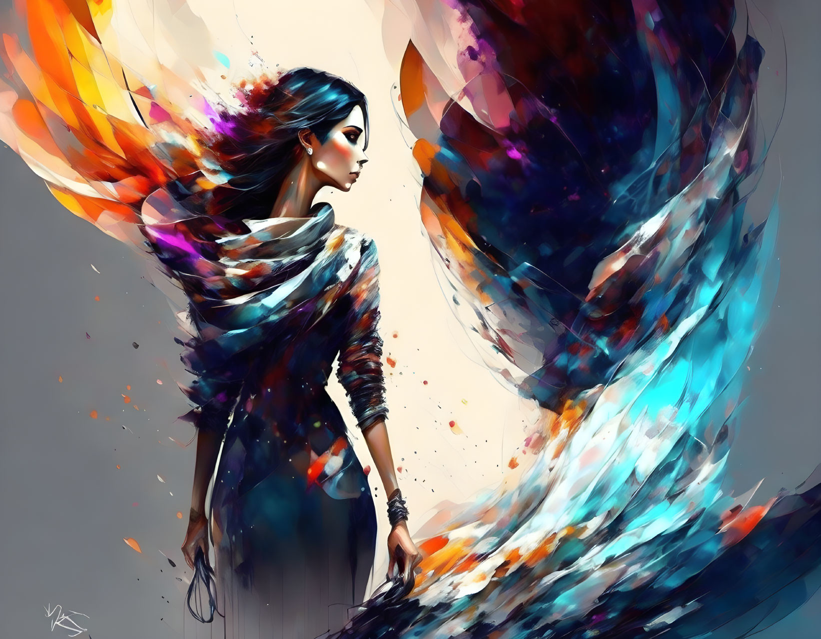 Colorful illustration of a woman with abstract wings for a vibrant look.