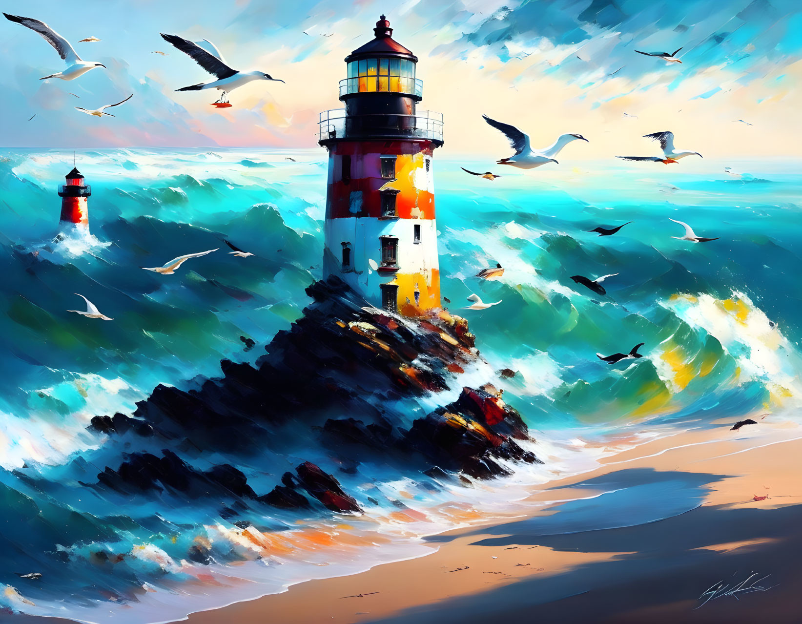 Vibrant lighthouse painting with rocky seascape and soaring seagulls