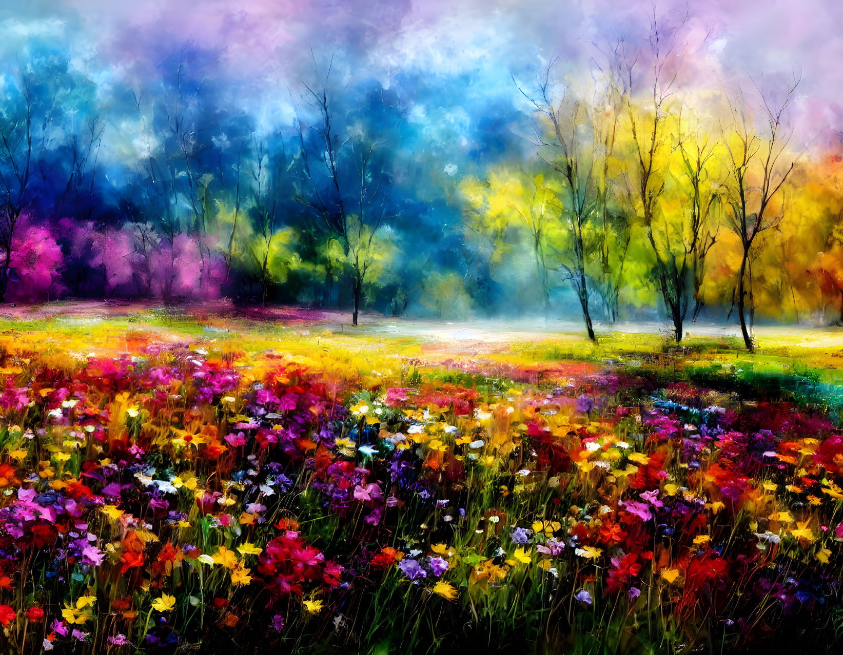 Colorful Flower-Filled Meadow Painting with Dreamlike Background