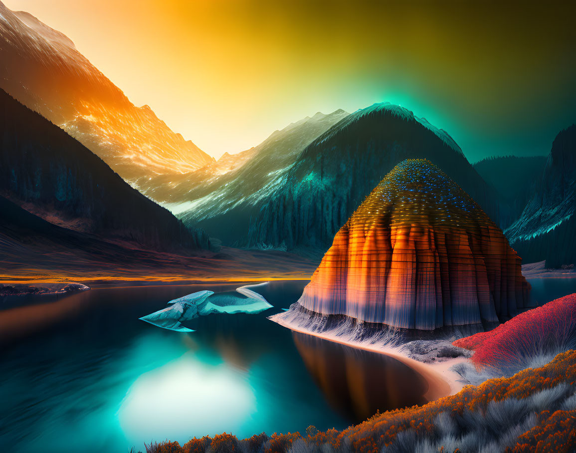 Colorful Mountain Landscape with Glowing Peak & Icy Lake