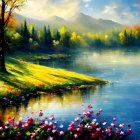 Scenic painting of serene lake, colorful flora, mountains, warm sky