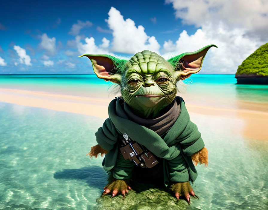 Digital artwork: Yoda on tropical beach with clear water & island.