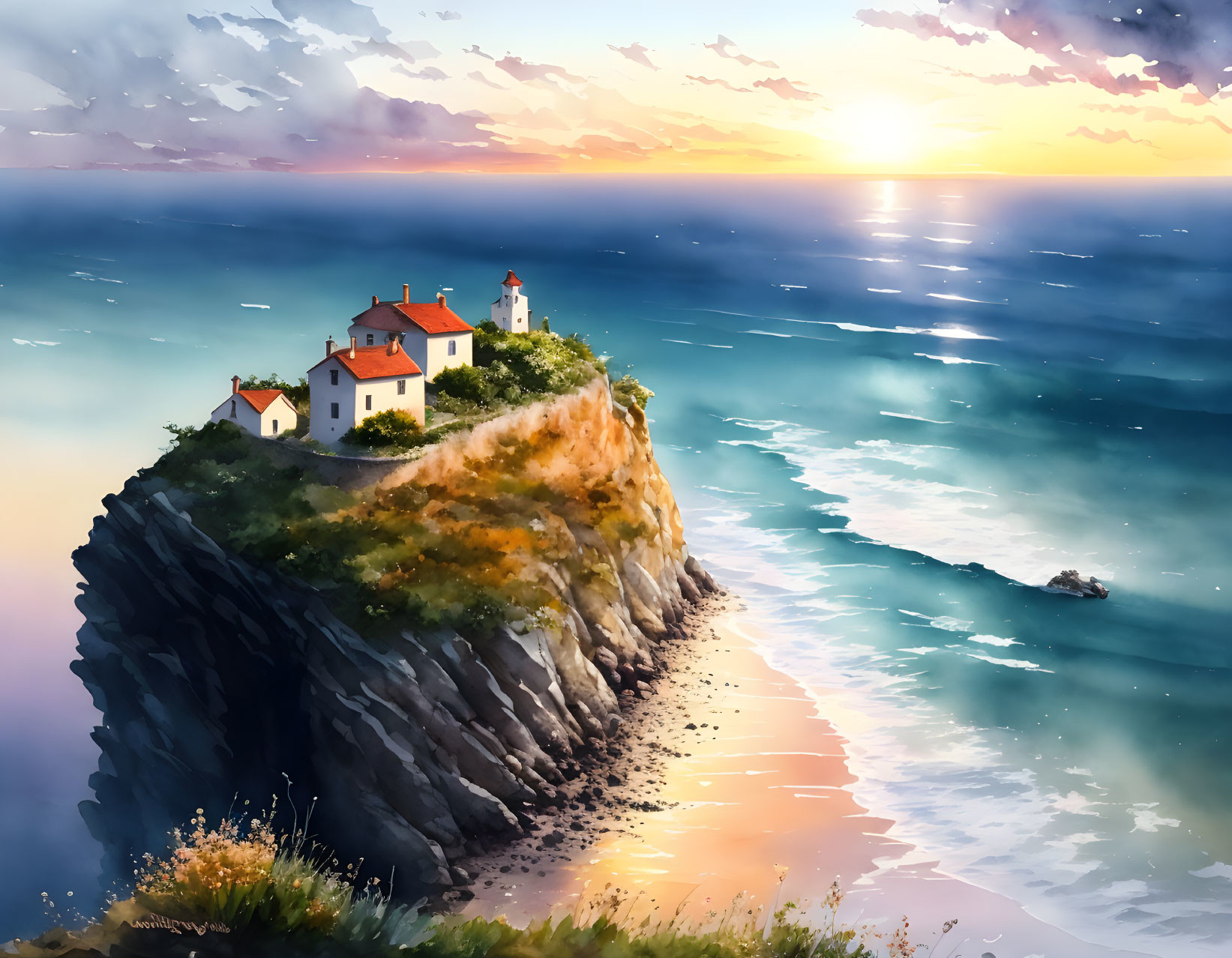 Seaside Cliff Sunset with Lighthouse, House, and Boat