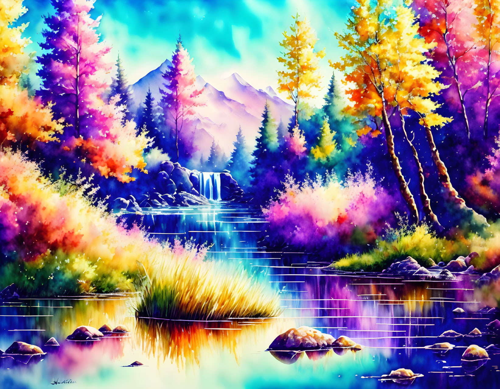 Colorful Autumn Landscape Painting with Waterfall, River, and Mountains