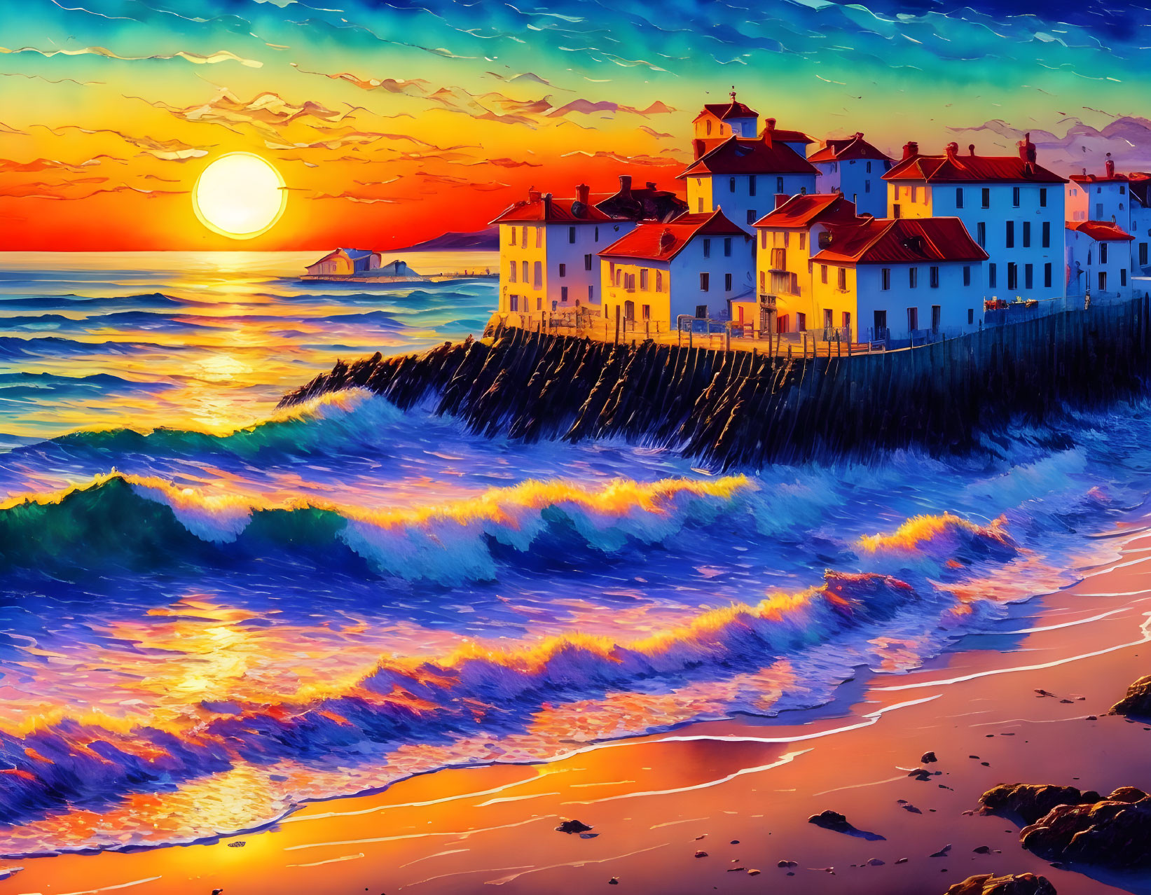 Scenic coastal sunset with crashing waves and picturesque houses