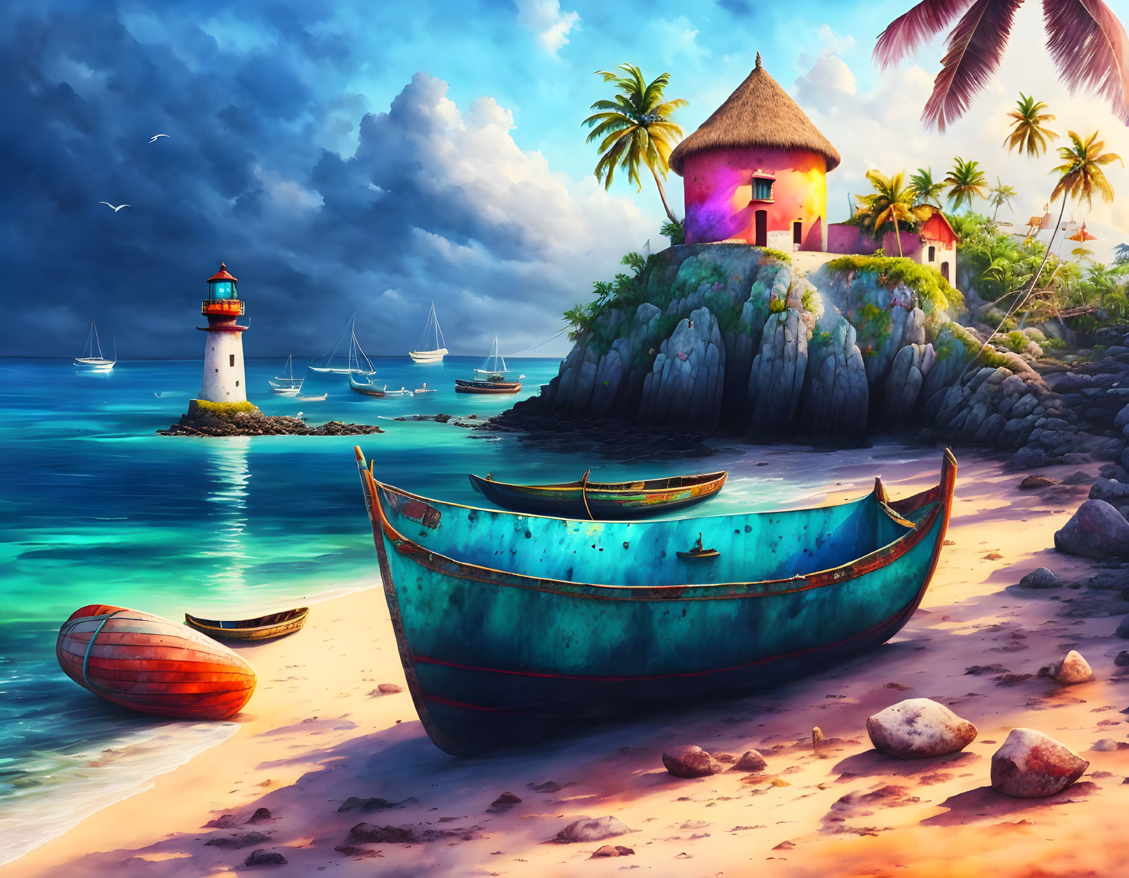 Tropical beach scene at dusk with boats, thatched hut, lighthouse, palm trees, and