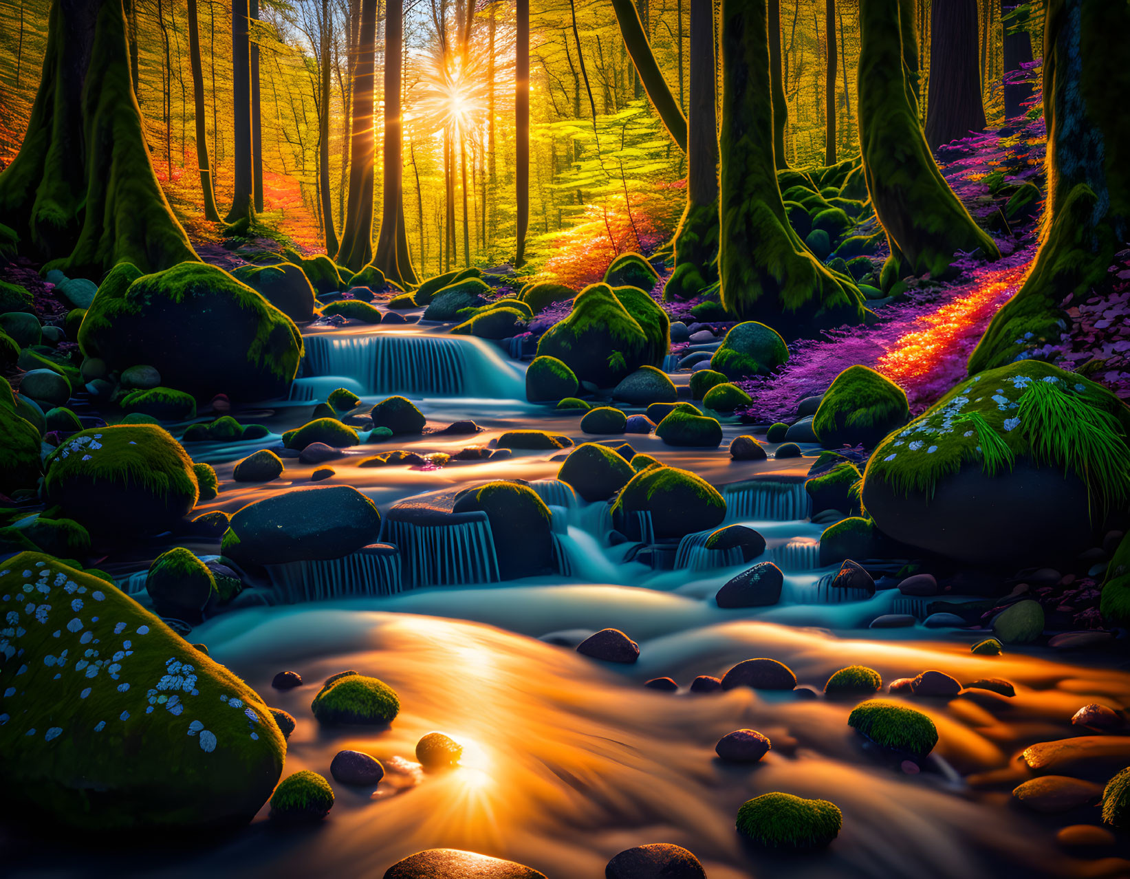 Tranquil forest scene with stream, moss-covered rocks, and sunburst glow