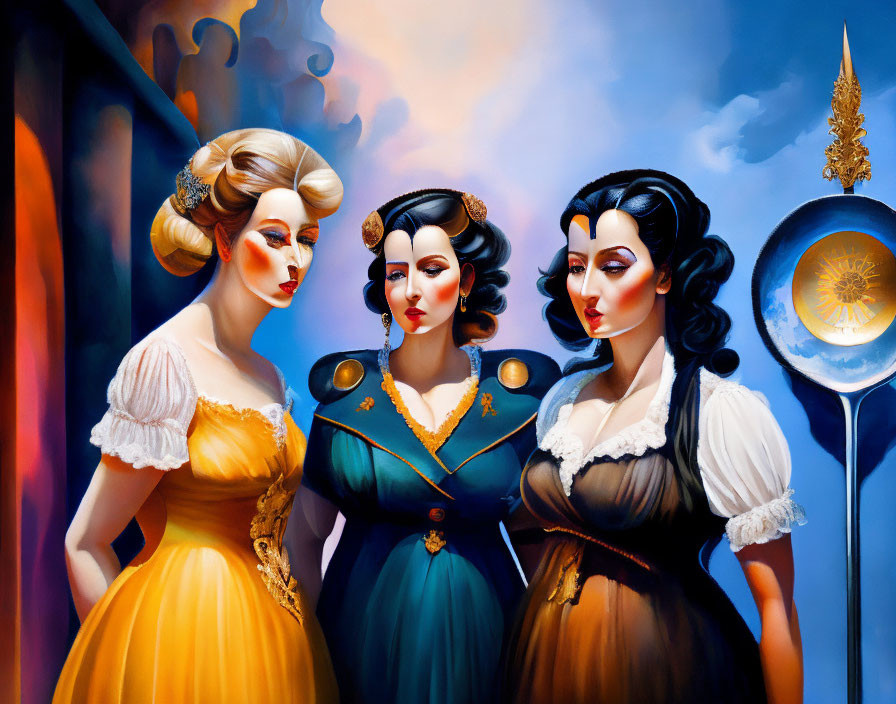 Three stylized women in elegant historical dresses against vibrant, dreamy backdrop
