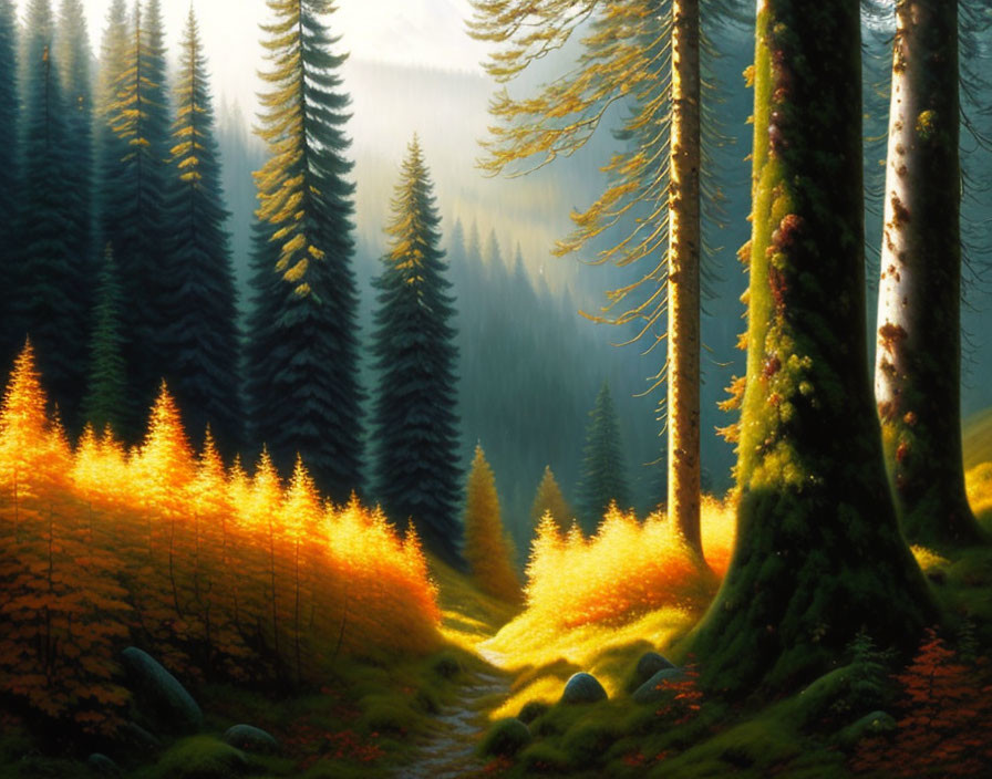 Tranquil forest scene with sunlight filtering through tall pine trees